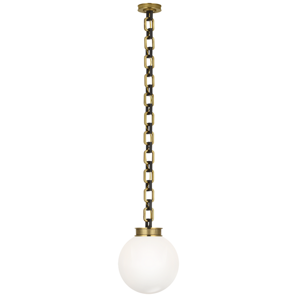 Bellamy 1 Light Statement Chain 12" Globe Chandelier in Soft Brass and Bronze with White Glass