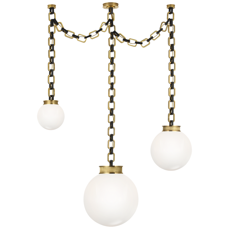 Bellamy 3 Light Statement Chain Multi Globe Chandelier in Soft Brass and Bronze with White Glass