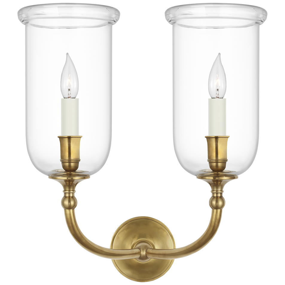 Embers 20" Double Hurricane Sconce in Natural Brass with Clear Glass